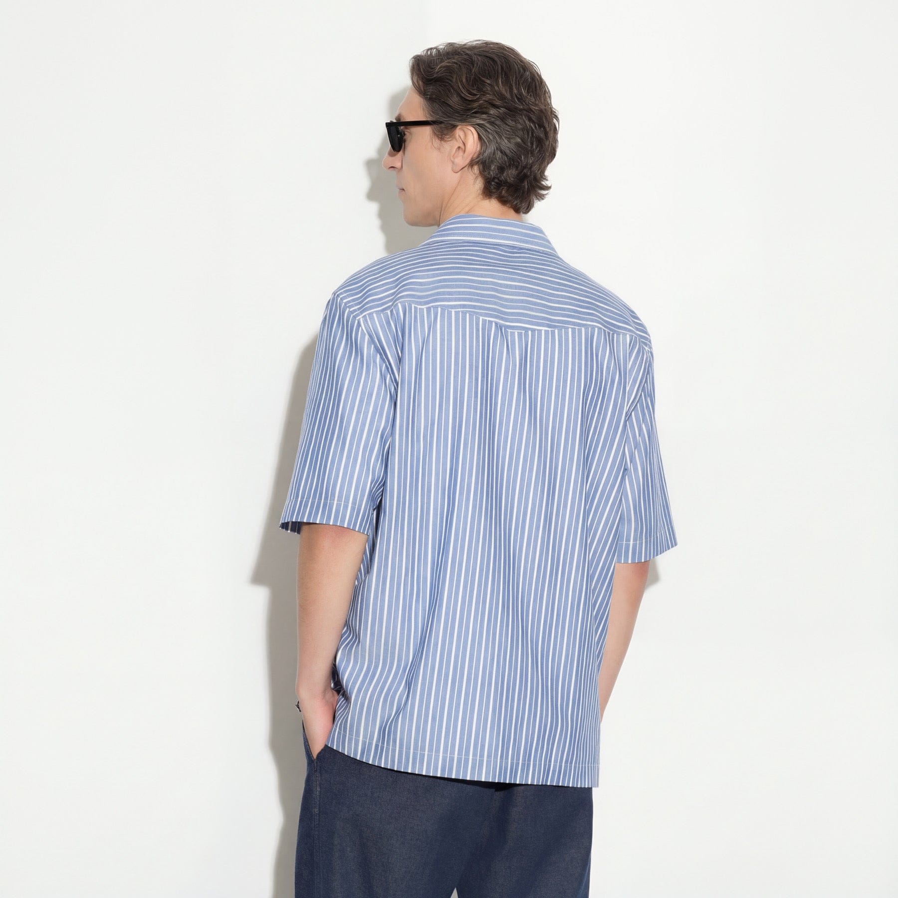 Camicia Boxy Fit a Maniche Corte in Cotone a Righe Azzurro e Bianco Camicia Tessuto Paolo Pecora