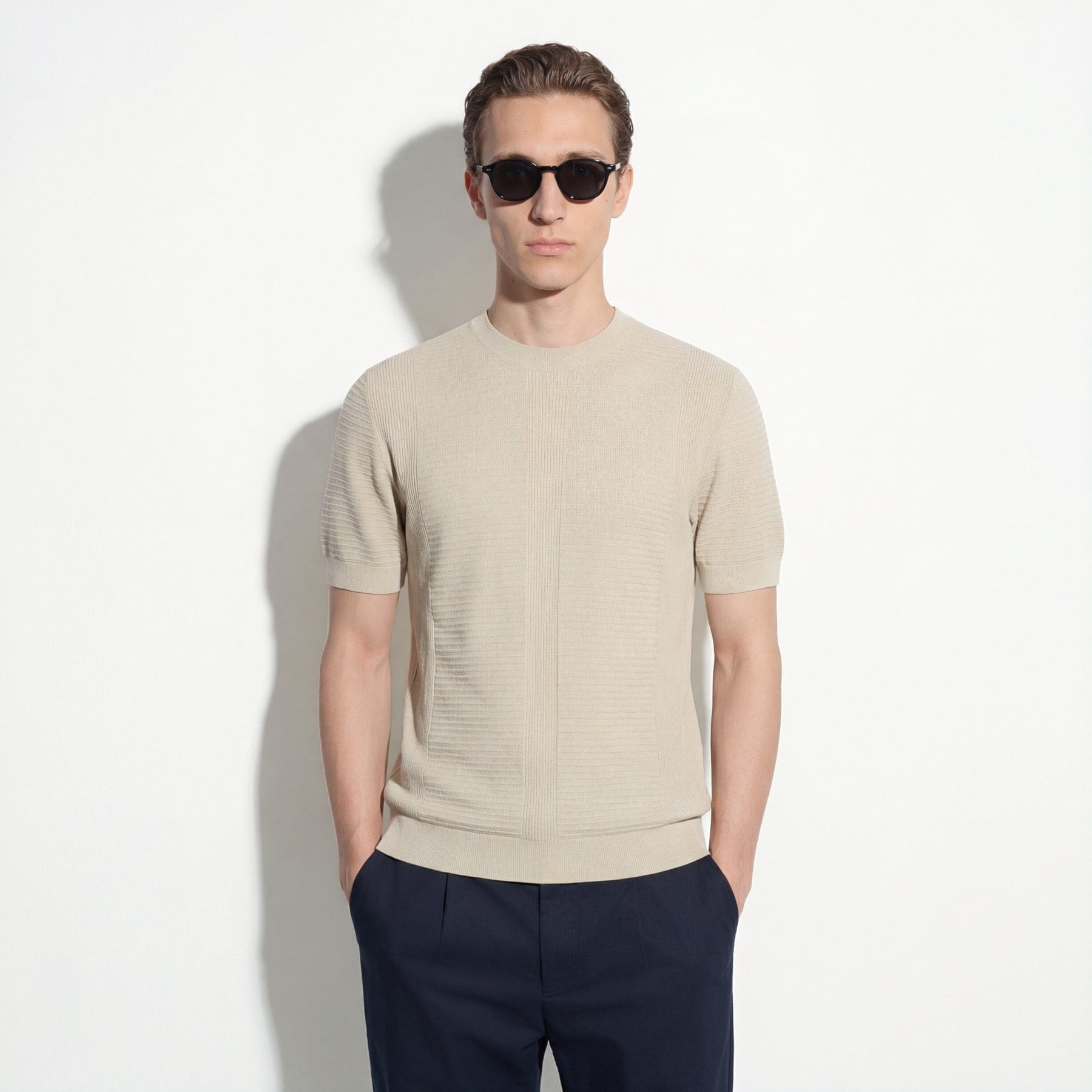 Maglia Girocollo in Cotone Lavorato Beige Maglia Girocollo Paolo Pecora