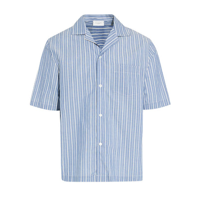 Camicia Over a Maniche Corte in Cotone a Righe Azzurro e Bianco Camicia Tessuto Paolo Pecora
